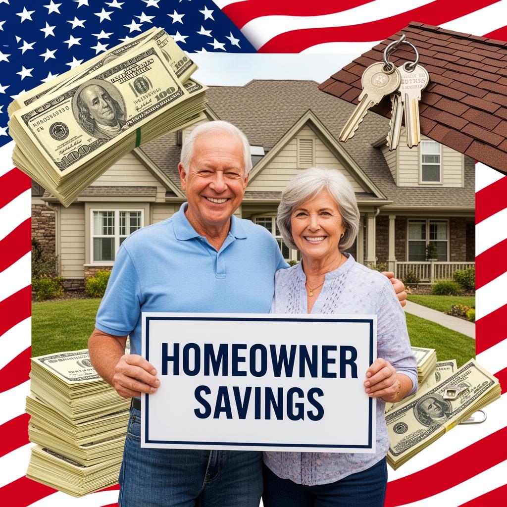 Happy homeowners holding a Homeowner Savings sign