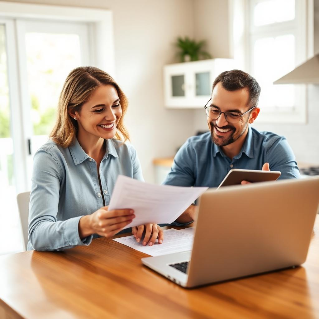Couple reviewing mortgage refinance paperwork at home